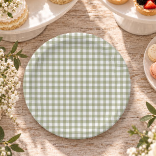 Sage Green Gingham Garden Party Paper Plates