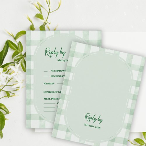 Sage Green Gingham Garden Party Wedding Reply By RSVP Card