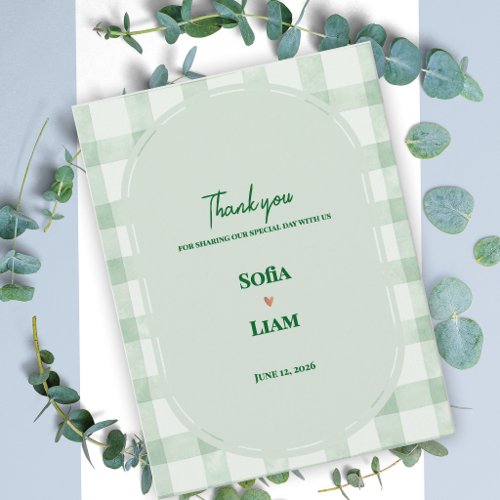 Sage Green Gingham Garden Party Wedding Thank You Postcard