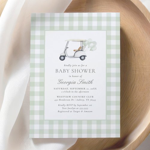 Sage Green Gingham Gender Neutral Golf Baby Shower Invitation