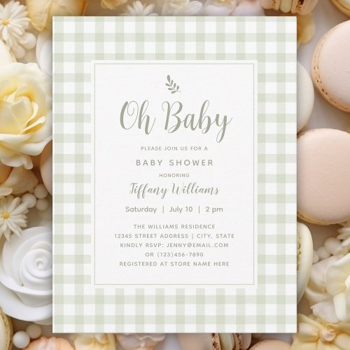 Sage Green Gingham Gender Neutral Oh Baby Shower Invitation