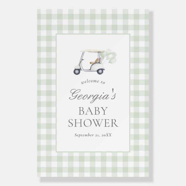 Sage Green Gingham Golf Baby Shower Welcome Sign (Front)