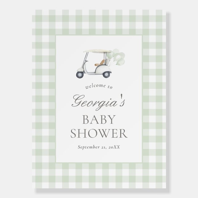 Sage Green Gingham Golf Baby Shower Welcome Sign (Front)