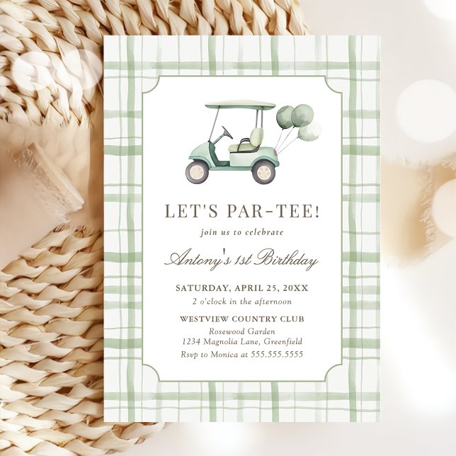Sage Green Gingham Golf Birthday Invitation (Creator Uploaded)