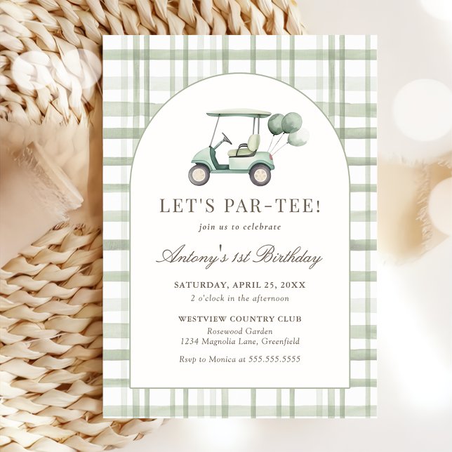 Sage Green Gingham Golf Birthday Invitation (Creator Uploaded)