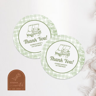 Sage Green Gingham Golf Birthday Thank You Sticker