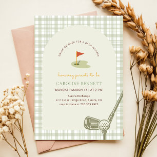 Sage Green Gingham Golf Boy Baby Shower Invitation