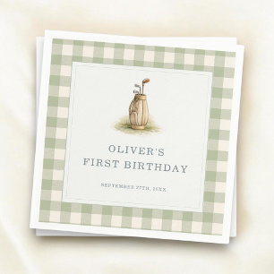 Sage Green Gingham Golf First Birthday Party Napkins