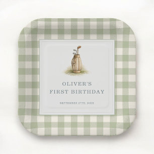 Sage Green Gingham Golf First Birthday Party Paper Plates