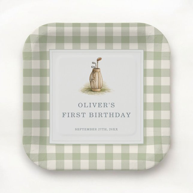 Sage Green Gingham Golf First Birthday Party Paper Plates (Creator Uploaded)