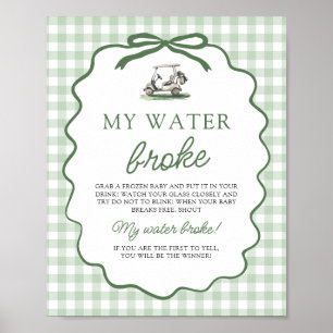 Sage Green Gingham Golf My Water Broke Baby Shower Poster