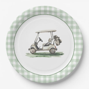Sage Green Gingham Golf New to the Club Paper Plates
