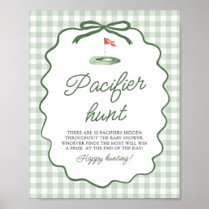 Sage Green Gingham Golf Pacifier Hunt Baby Shower Poster