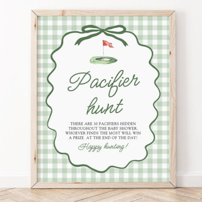 Sage Green Gingham Golf Pacifier Hunt Baby Shower Poster (Sage Green Gingham Golf Pacifier Hunt Baby Shower)