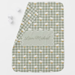 Sage Green Gingham Goose Buffalo Check Custom Name Baby Blanket