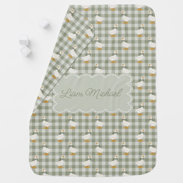 Sage Green Gingham Goose Buffalo Check Custom Name Baby Blanket (In Situ)