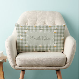 Sage Green Gingham Goose Buffalo Check Custom Name Lumbar Pillow