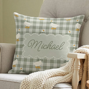 Sage Green Gingham Goose Custom Name Nursery Throw Pillow