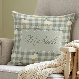 Sage Green Gingham Goose Custom Name Nursery  Throw Pillow