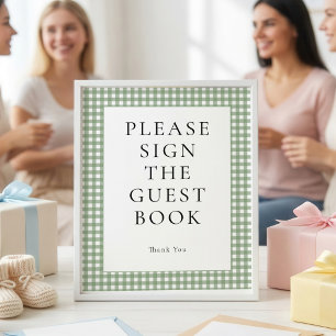 Sage Green Gingham Guest Book Baby Shower Sign