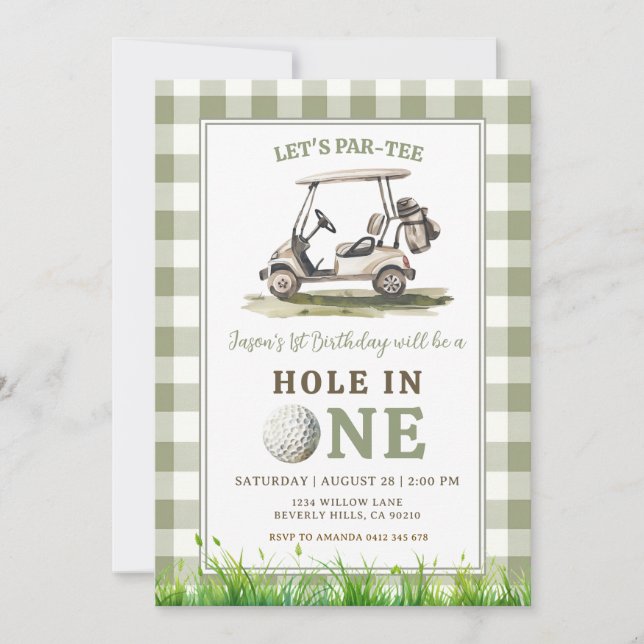 Sage Green Gingham Hole in One Golf Boy Birthday Invitation (Front)