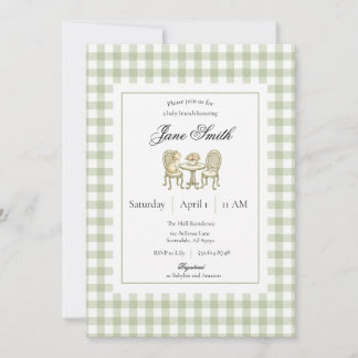 Sage Green Gingham Kitten Baby Shower Invitation