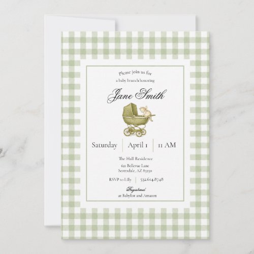 Sage Green Gingham Kitten Baby Shower Invitation