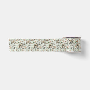 Sage Green Gingham Kitten Paw Print Satin Ribbon