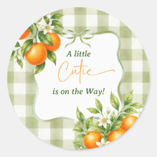 Sage Green Gingham Little Cutie Baby Shower Classic Round Sticker
