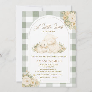 Sage Green Gingham Little Lamb Baby Shower Invitation