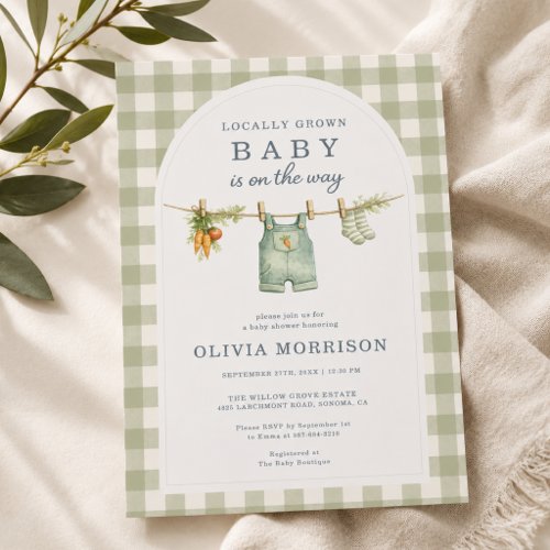 Spring Locally Grown Sage green baby shower invitation