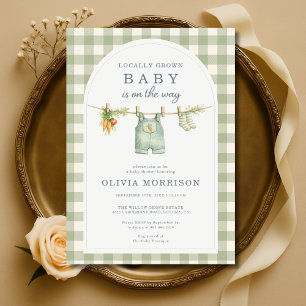 Sage Green Gingham Locally Grown Baby Shower Invitation