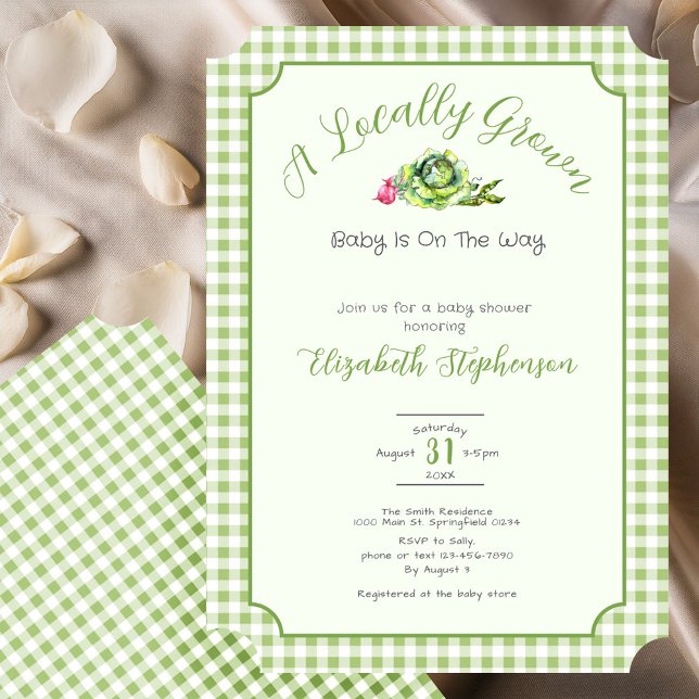 Sage Green Gingham Locally Grown Baby Shower Invitation (Creator Uploaded)