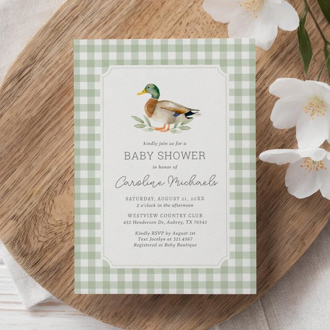 Sage Green Gingham Mallard Duck Baby Shower Invitation (Creator Uploaded)