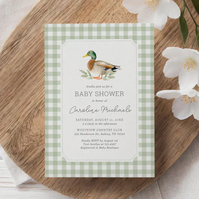 Sage Green Gingham Mallard Duck Baby Shower Invitation | Zazzle