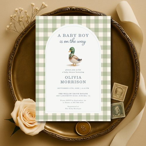 Mallard Duck Sage green Gingham or plaid baby shower invitation