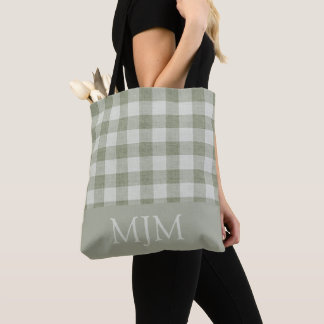 Sage Green Gingham Monogram Custom Name Tote Bag
