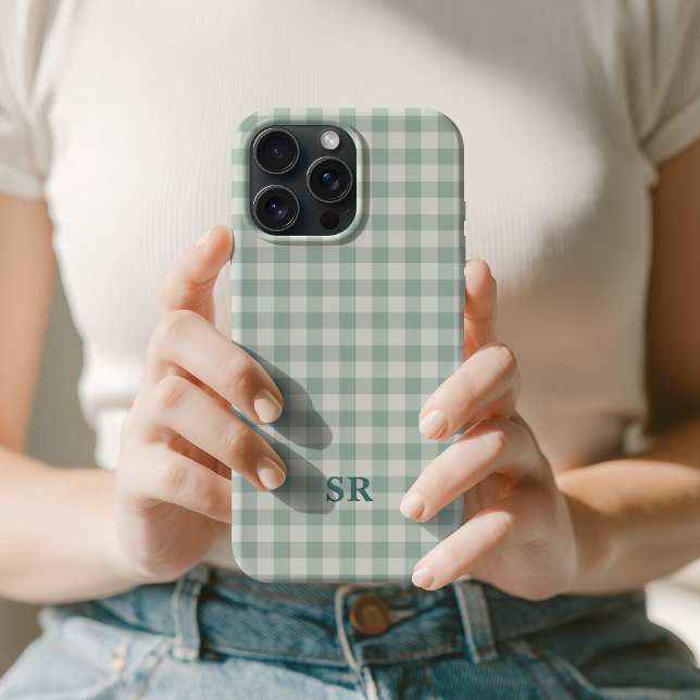 Sage Green Gingham Monogram Initial Personalized iPhone Case (back to school gift, bridal party gift, maid of honor gift, coworker birthday gift, christmas gift)