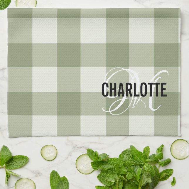 Sage green gingham monogram name kitchen towel (Folded)