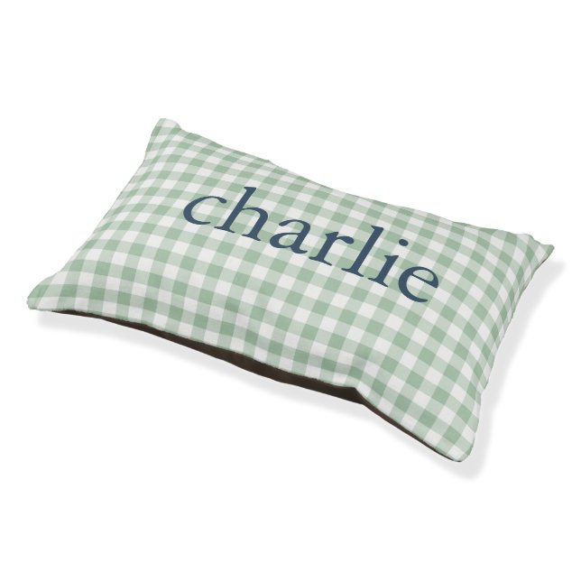 Sage Green Gingham Monogrammed Pet Bed (Angled)