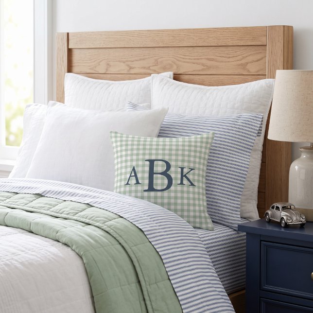 Sage Green Gingham Monogrammed Throw Pillow (Creator Uploaded)