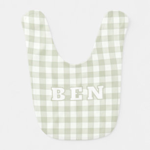 Sage Green Gingham Name Baby Boy Bib