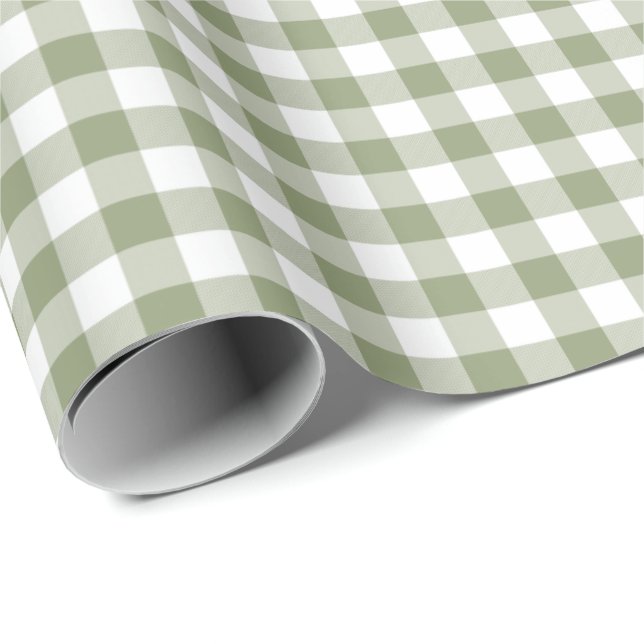 Sage Green Gingham Neutral Elegant Checks Pattern  Wrapping Paper (Roll Corner)