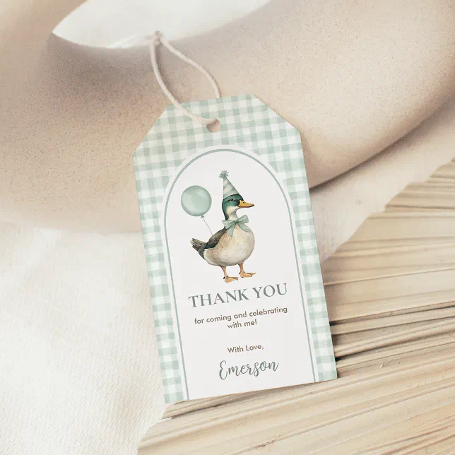 Sage Green Gingham One Lucky Duck Balloon Birthday Gift Tags
