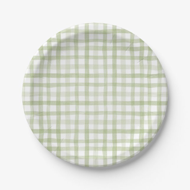 Sage Green Gingham Paper Plates (Front)
