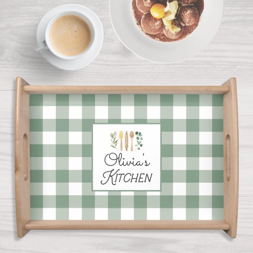 Sage Green Gingham Pattern Farmhouse Cottagecore Serving Tray