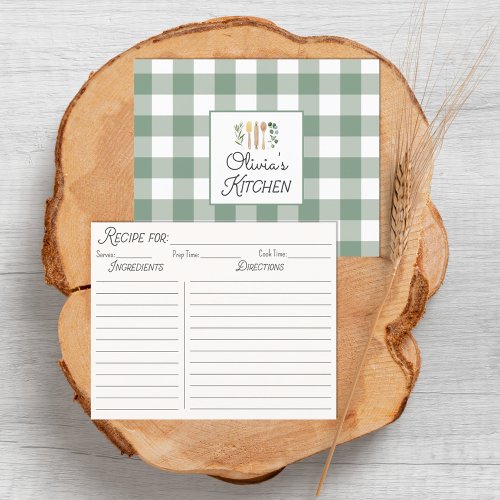 Sage Green Gingham Pattern Farmhouse Recipe Card