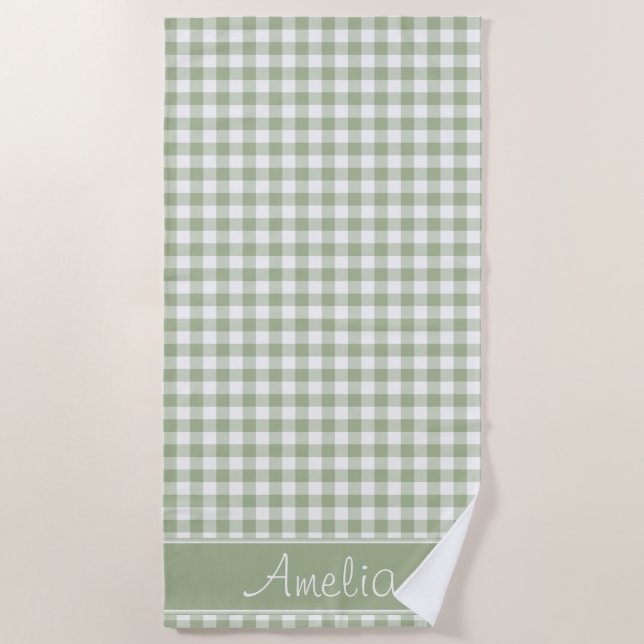 Sage Green Gingham Pattern | Personalized Beach Towel (Front)