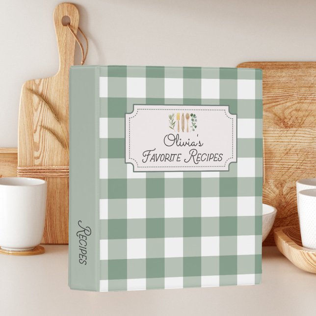 Sage Green Gingham Pattern Recipe Cookbook Mini Binder (In situ)