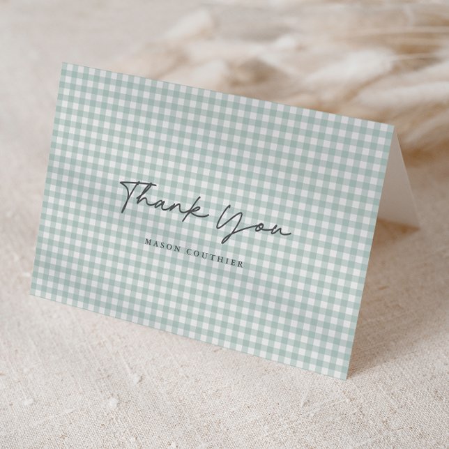 Sage Green Gingham Pattern Script Folded Photo   Letterpress Thank You Card (Sage Green Gingham Check Baby Folded Photo Thank You Note Cards.)